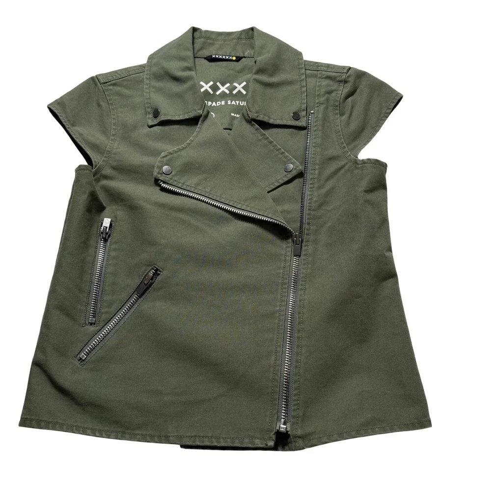 KATE SPADE Saturday Moto Vest Women XS Olive Green Cotton Asymmetrical Zip Biker